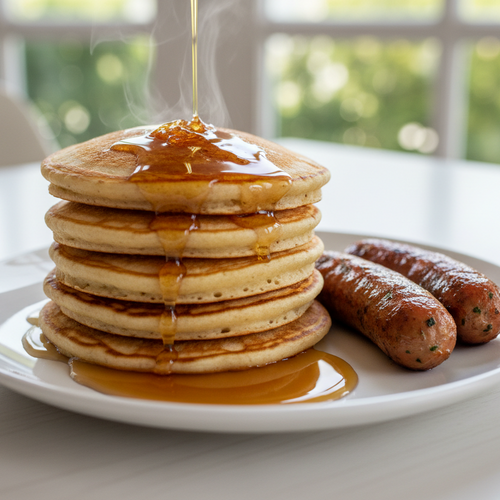 Stack of pancakes with syrup and sausages on a plate, set against a blurred indoor background.
