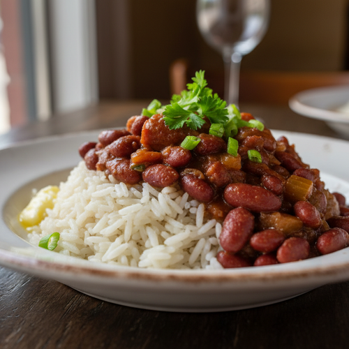Plate of beans over rice with garnish on a wooden table