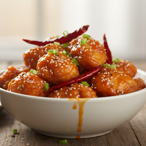Bowl of fried chicken with red chili peppers and green onions on a wooden table.