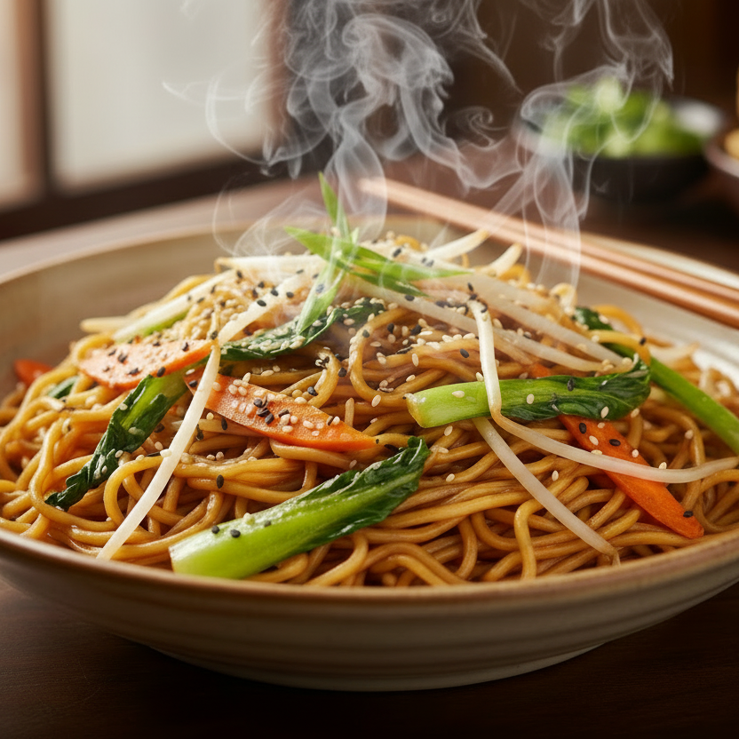 Steaming bowl of noodles with vegetables and chopsticks on a wooden table.