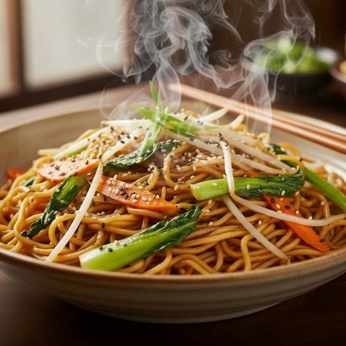 Steaming bowl of noodles with vegetables and chopsticks on a wooden table.