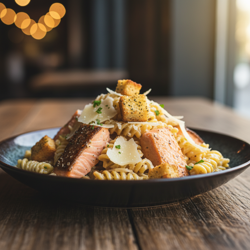 Salmon Caesar salad pasta