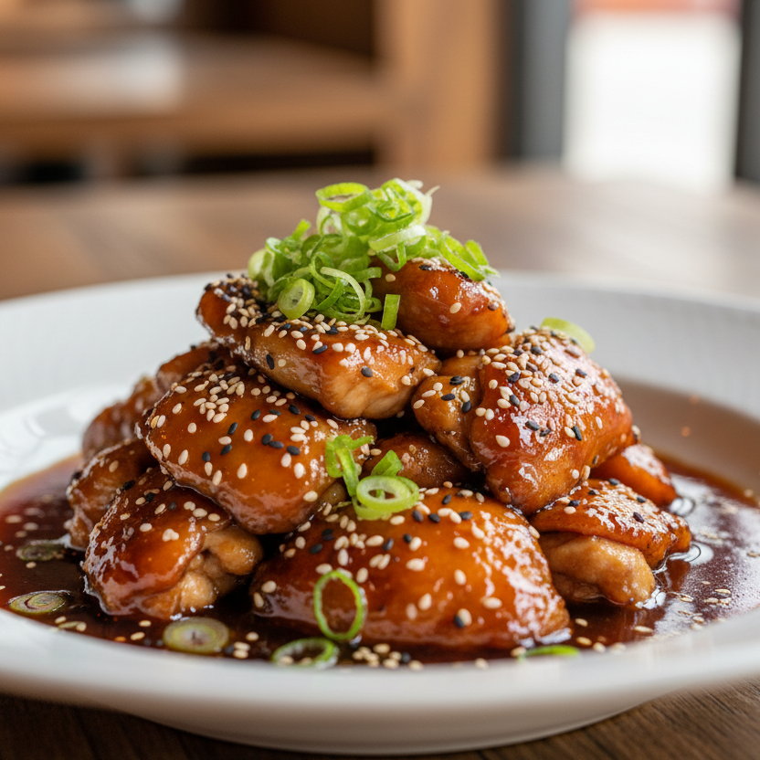 Plated dish of teriyaki chicken with green onions on a wooden table.
